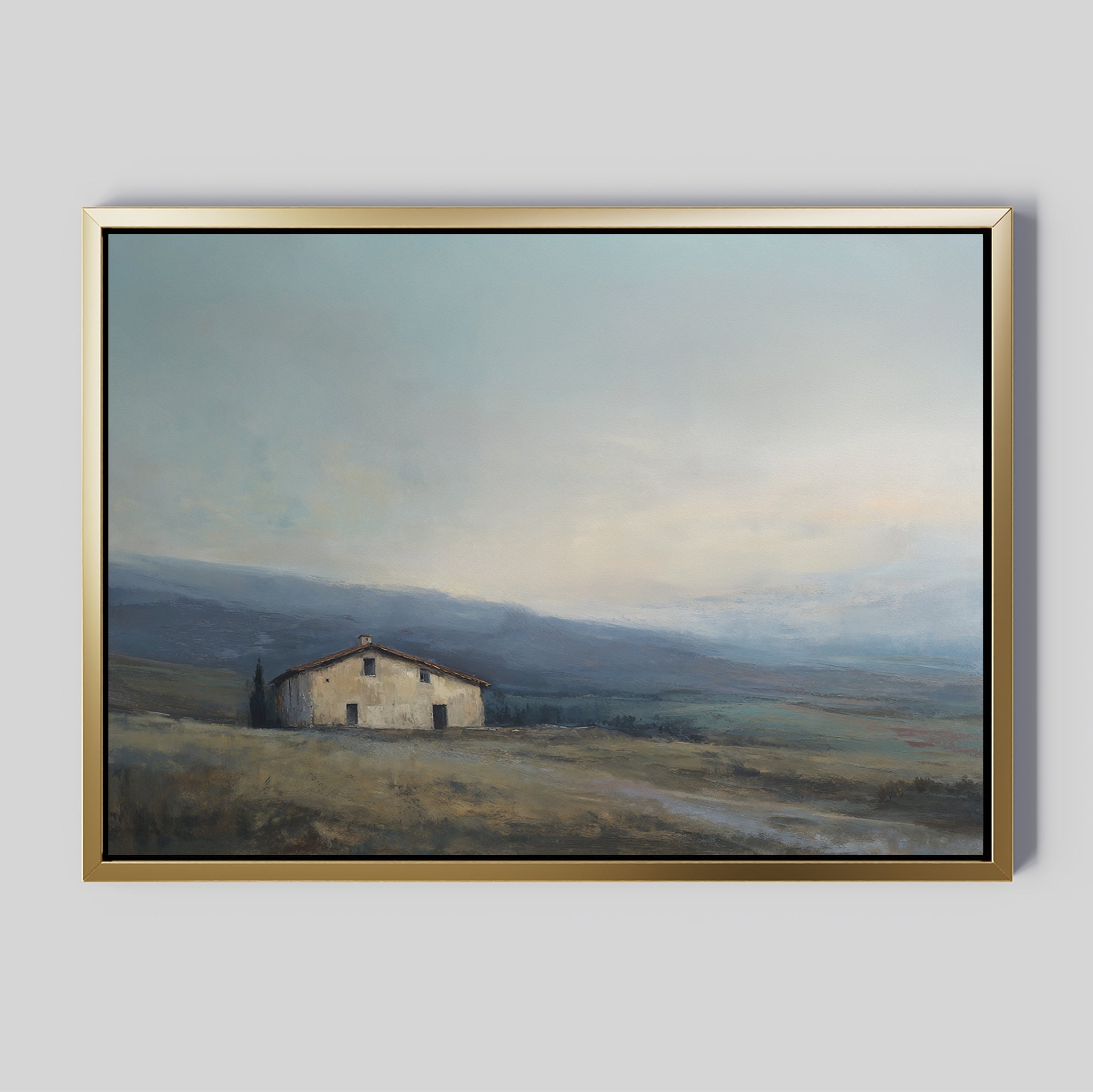 Rustic Solitude Canvas Art - Horizontal features a framed painting of a solitary rustic house on open fields with rolling hills and a cloudy sky, in soft, muted tones—ideal as serene landscape decor or countryside wall art.