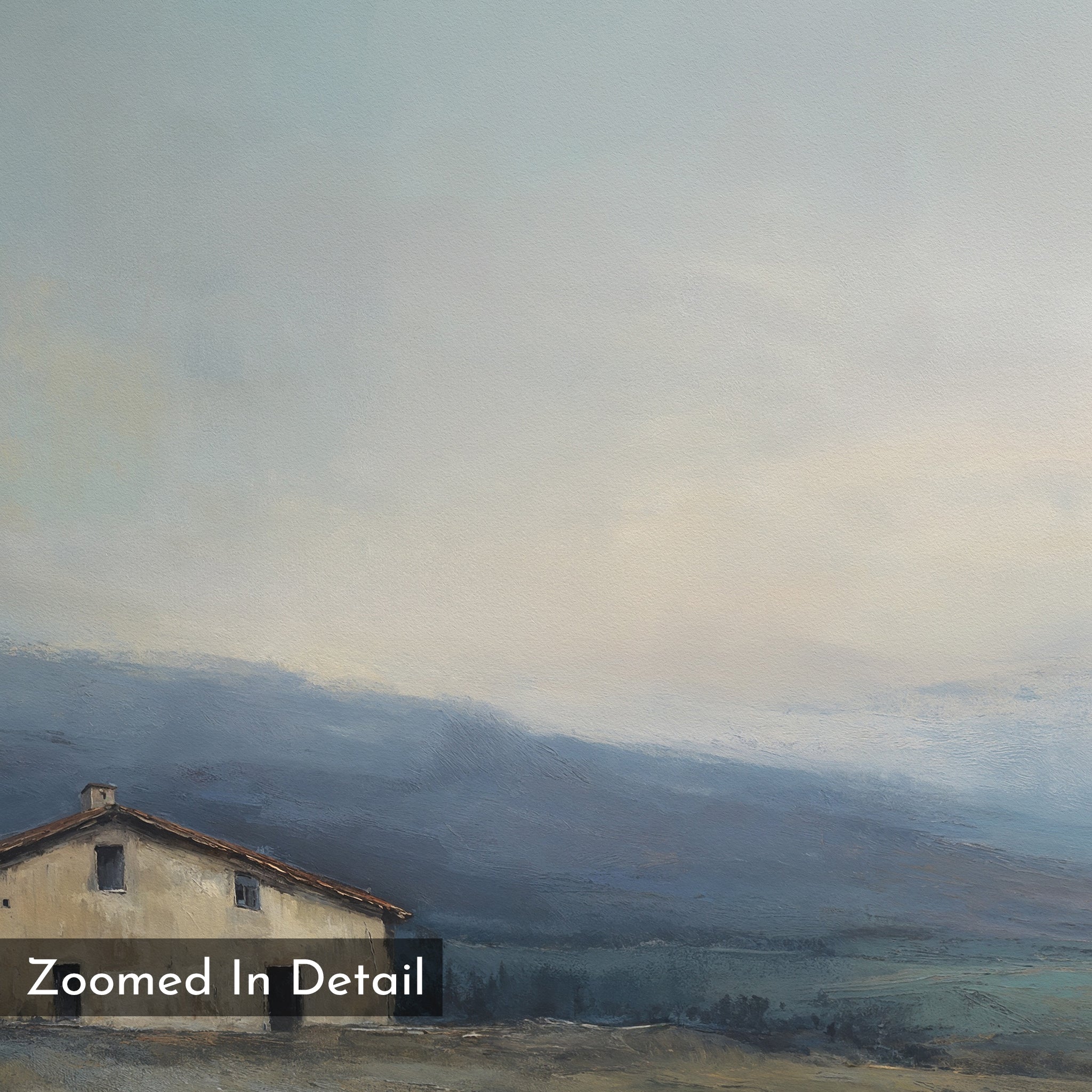 Rustic Solitude Canvas Art - Horizontal features a small house with a red roof in the lower left, misty blue mountains, and a pale, cloudy sky. "Zoomed In Detail" is shown in a black box at the bottom left for serene landscape decor.