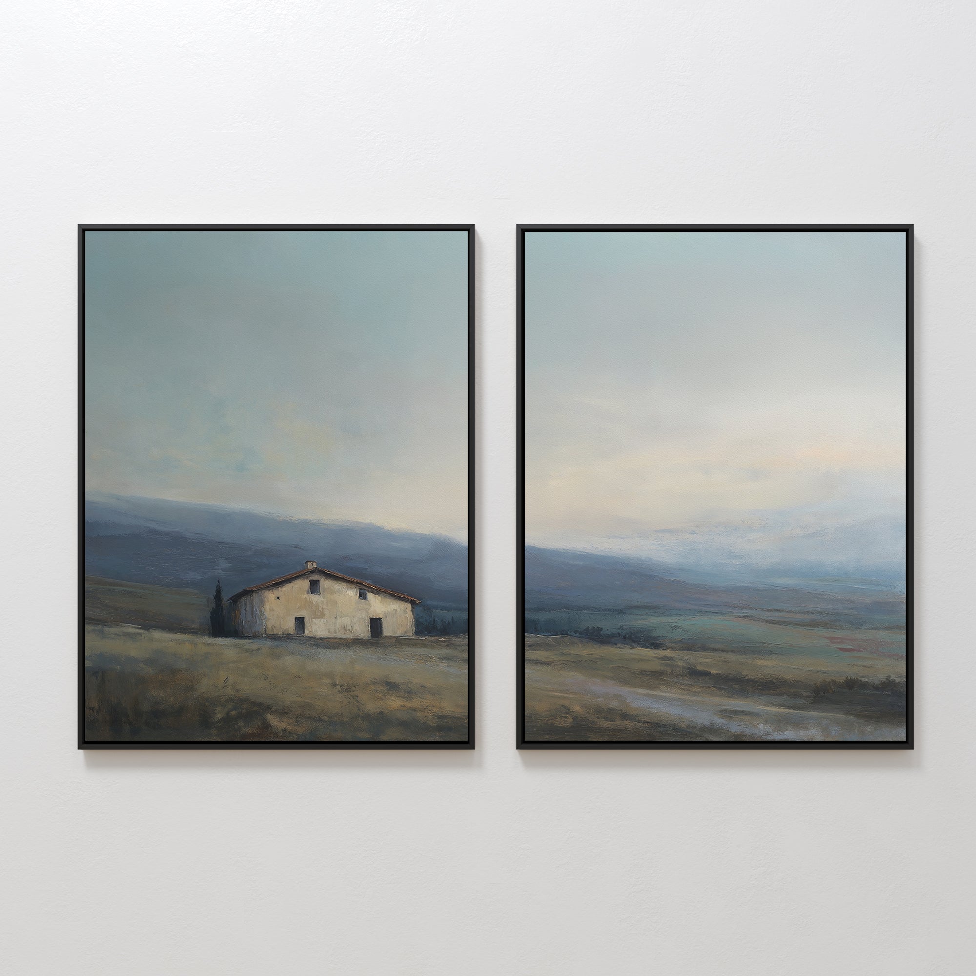 The Rustic Solitude - Set of 2 features framed wall art, each depicting an old house, grassy fields, distant hills, and a soft cloudy sky in muted earthy tones for a charming farmhouse look.