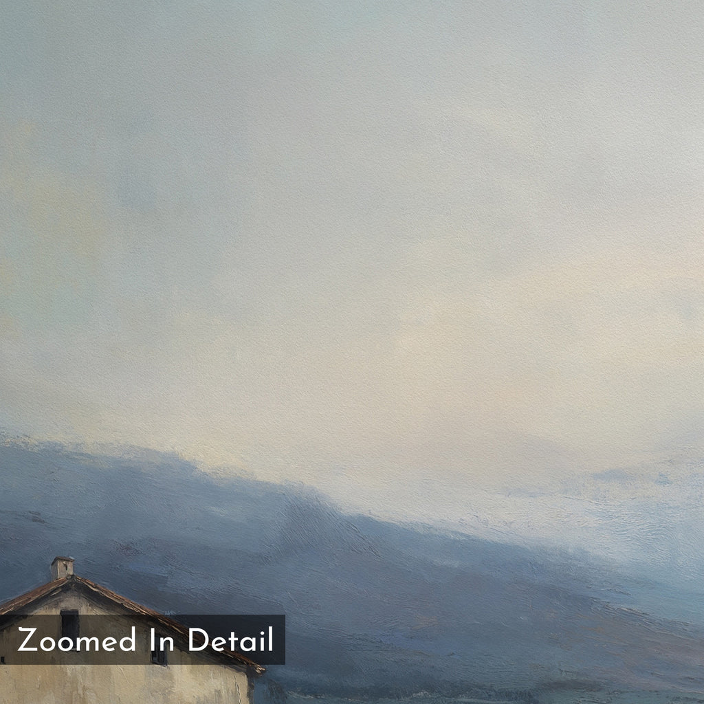 A zoomed-in view of "Rustic Solitude Canvas Art - Square" shows a house corner with a sloped roof against blue mountains and a cloudy sky in soft hues. "Zoomed In Detail" appears in the lower left—perfect rustic farmhouse wall art.