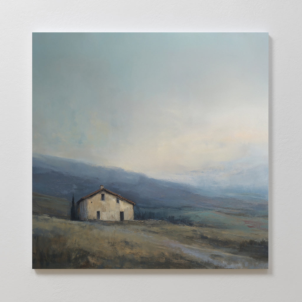 Rustic Solitude Canvas Art - Square features a solitary small house with a red roof on a grassy hill beneath a misty sky, creating peaceful rustic farmhouse wall art and serene landscape decor.