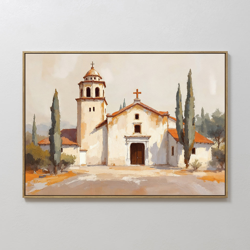 The "Sacred Courtyard Canvas Art - Horizontal" features a Spanish colonial church with a bell tower, arched doorway, red-tiled roof, and cypress trees—ideal terracotta wall art for a light, neutral space.