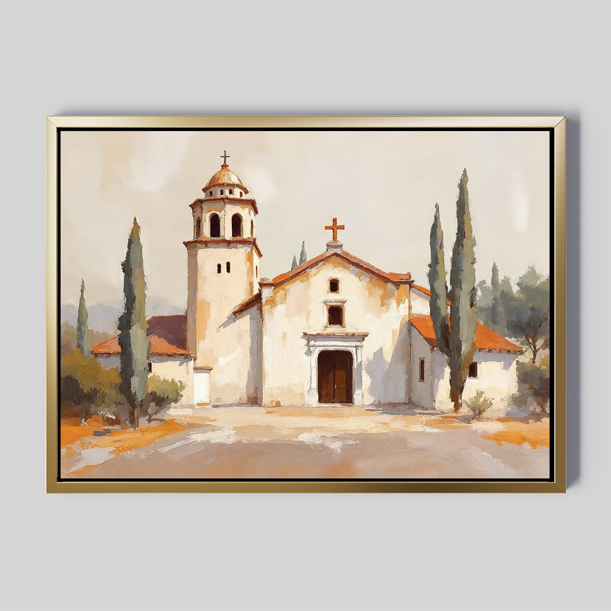 The Sacred Courtyard Canvas Art - Horizontal features a Spanish colonial church with a bell tower, arched entrance, red-tiled roof, and cypress trees against a light sky—ideal for Mediterranean-inspired decor.