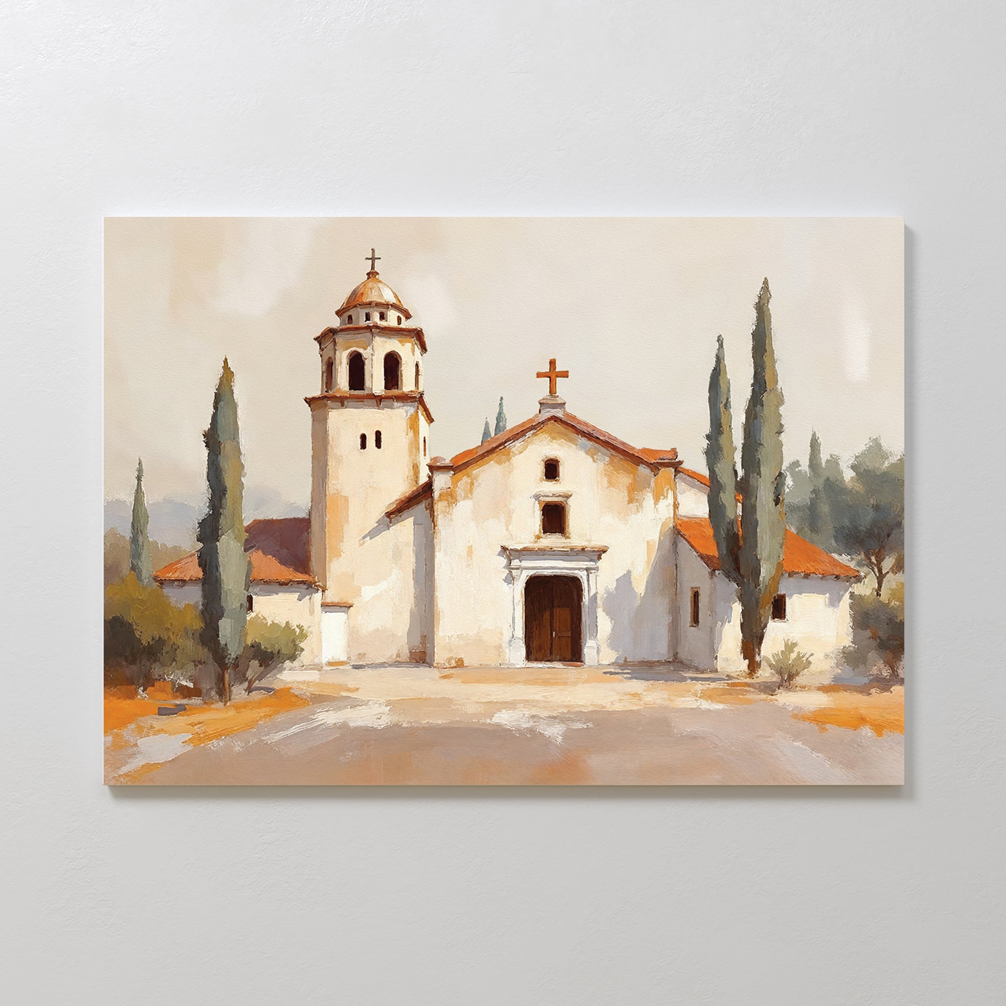 The Sacred Courtyard Canvas Art - Horizontal features a Spanish colonial church with a bell tower, arched doorway, red-tiled roof, and tall cypress trees, all set against a light neutral background in an elegant Mediterranean style.