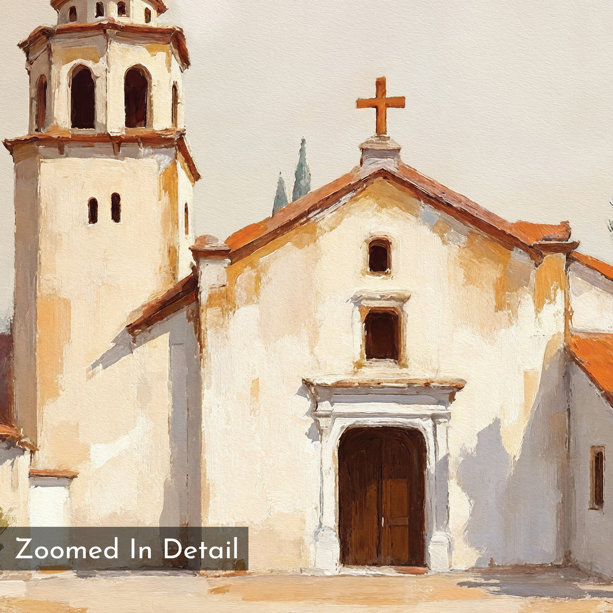 The Sacred Courtyard Canvas Art - Horizontal depicts a historic Spanish colonial church with a bell tower, arched entrance, and cross. Warm earthy tones evoke terracotta wall art. "Zoomed In Detail" appears in the lower left corner.