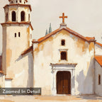 The Sacred Courtyard Canvas Art - Horizontal depicts a historic Spanish colonial church with a bell tower, arched entrance, and cross. Warm earthy tones evoke terracotta wall art. "Zoomed In Detail" appears in the lower left corner.
