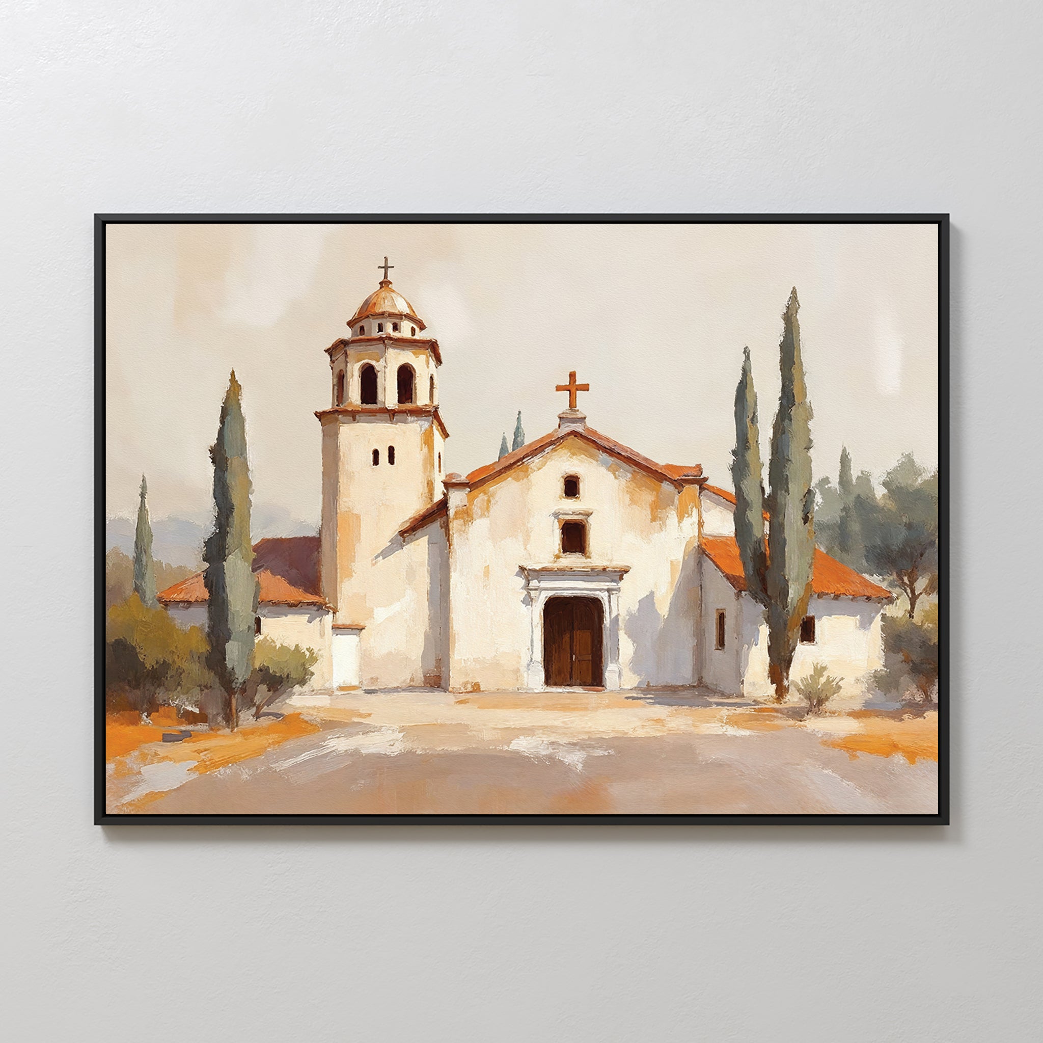 The Sacred Courtyard Canvas Art - Horizontal features a white stucco Spanish colonial church with a bell tower, red-tiled roof, and crosses, framed by tall cypress trees and a soft, muted background.