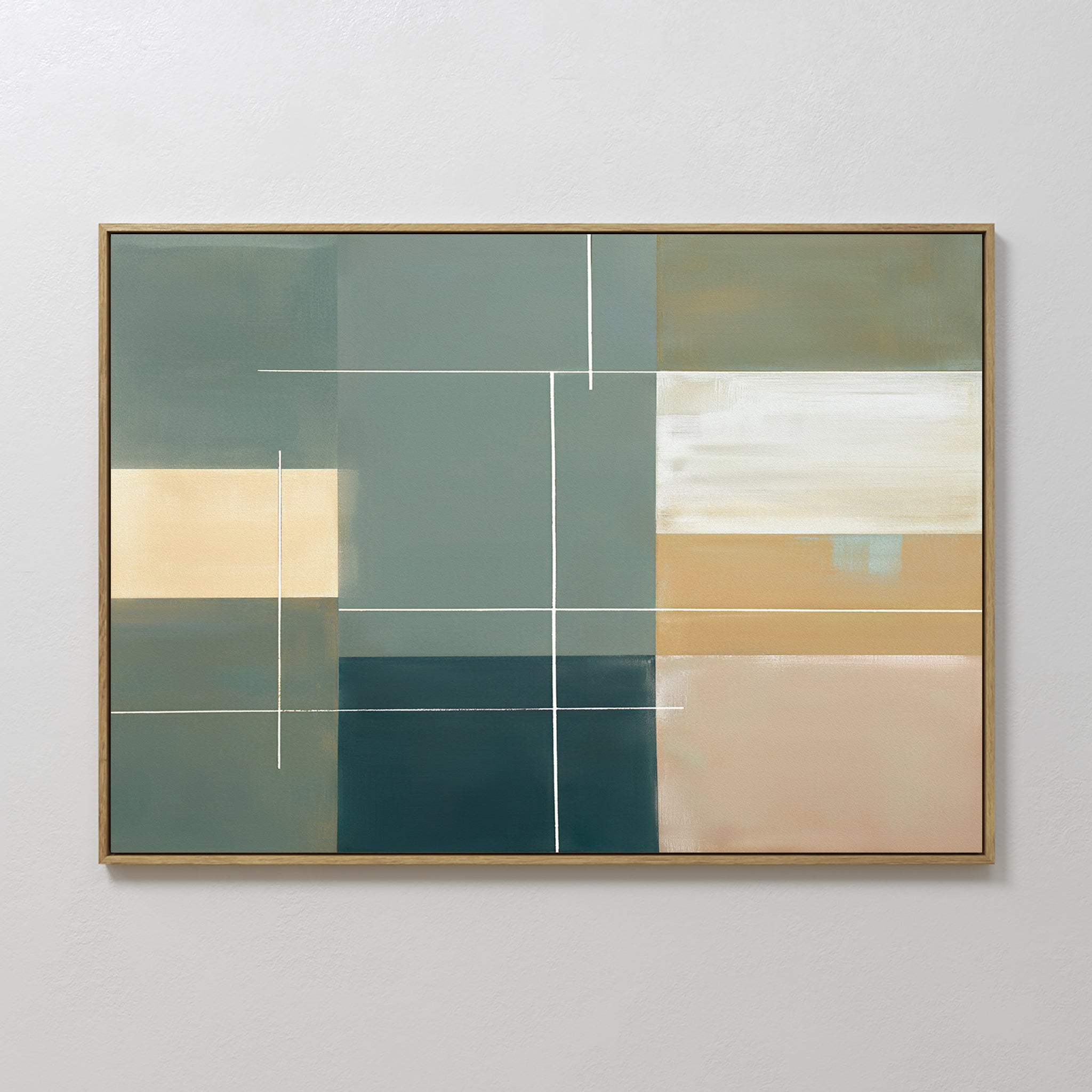 The Sage Compartments Canvas Art – Horizontal features geometric shapes in muted green, beige, cream, and blue with thin white lines. Framed and displayed on a white wall, it’s perfect modern decor for your living room.