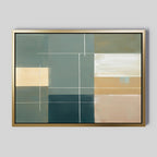 Elevate your space with the Sage Compartments Canvas Art - Horizontal, a geometric abstract in sage green, beige, blue, and white tones divided by crisp white lines and set in a gold frame—stylish modern decor for any light gray living room.