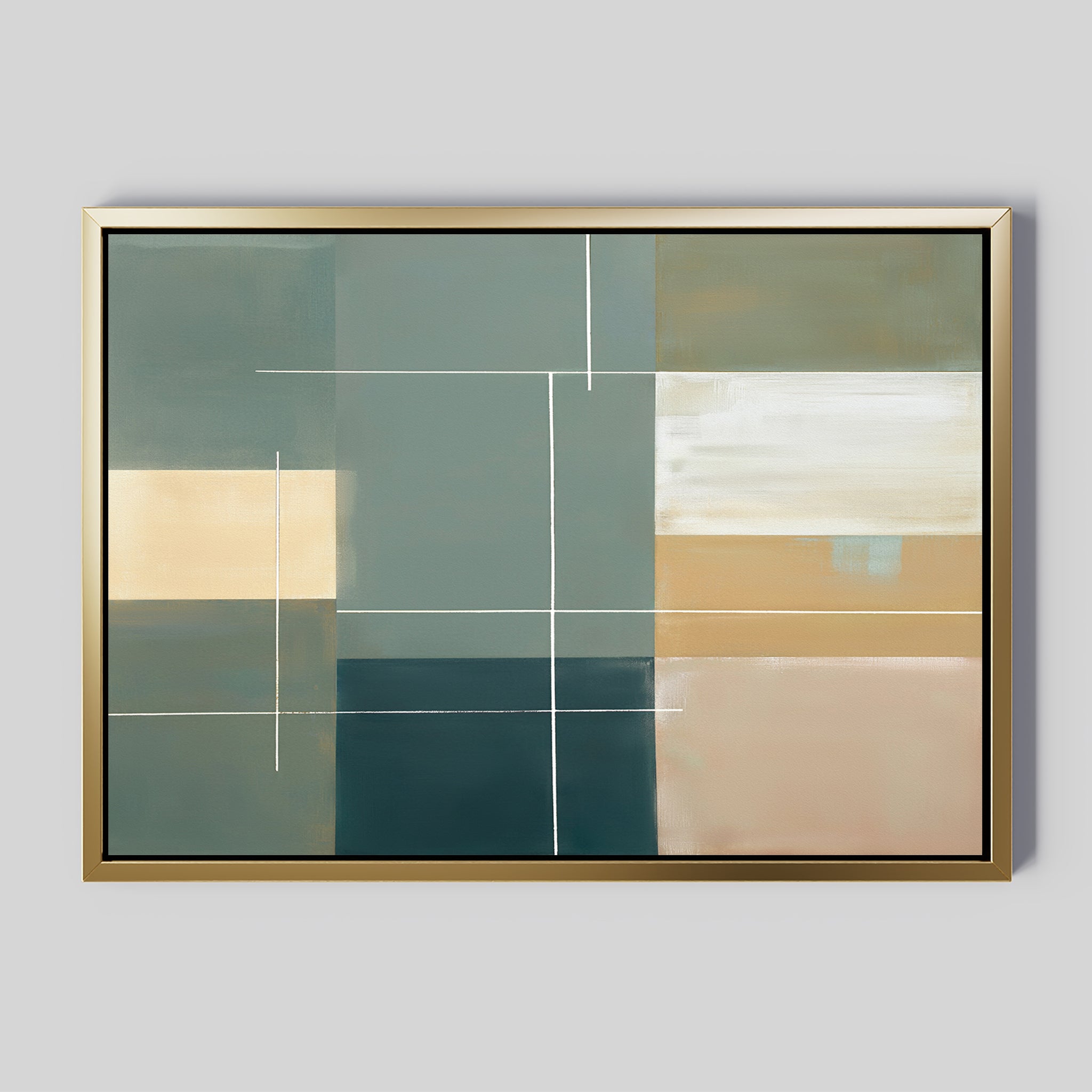 Elevate your space with the Sage Compartments Canvas Art - Horizontal, a geometric abstract in sage green, beige, blue, and white tones divided by crisp white lines and set in a gold frame—stylish modern decor for any light gray living room.