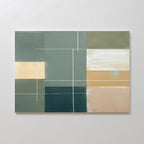 The Sage Compartments Canvas Art - Horizontal features overlapping rectangles in muted green, beige, and cream with thin white lines, making it ideal for modern living room decor or as sage green wall art on light walls.