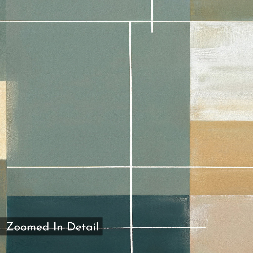 Sage Compartments Canvas Art - Horizontal features rectangular blocks in muted green, teal, beige, and white with intersecting thin white lines. "Zoomed In Detail" appears at the bottom left. Perfect modern decor for your living room.
