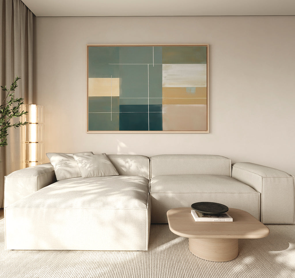 Minimalist living room with a light beige sectional sofa, a low wooden coffee table with books and a bowl, floor-to-ceiling curtains, a tall plant in the corner, and modern Sage Compartments Canvas Art - Horizontal on the wall.