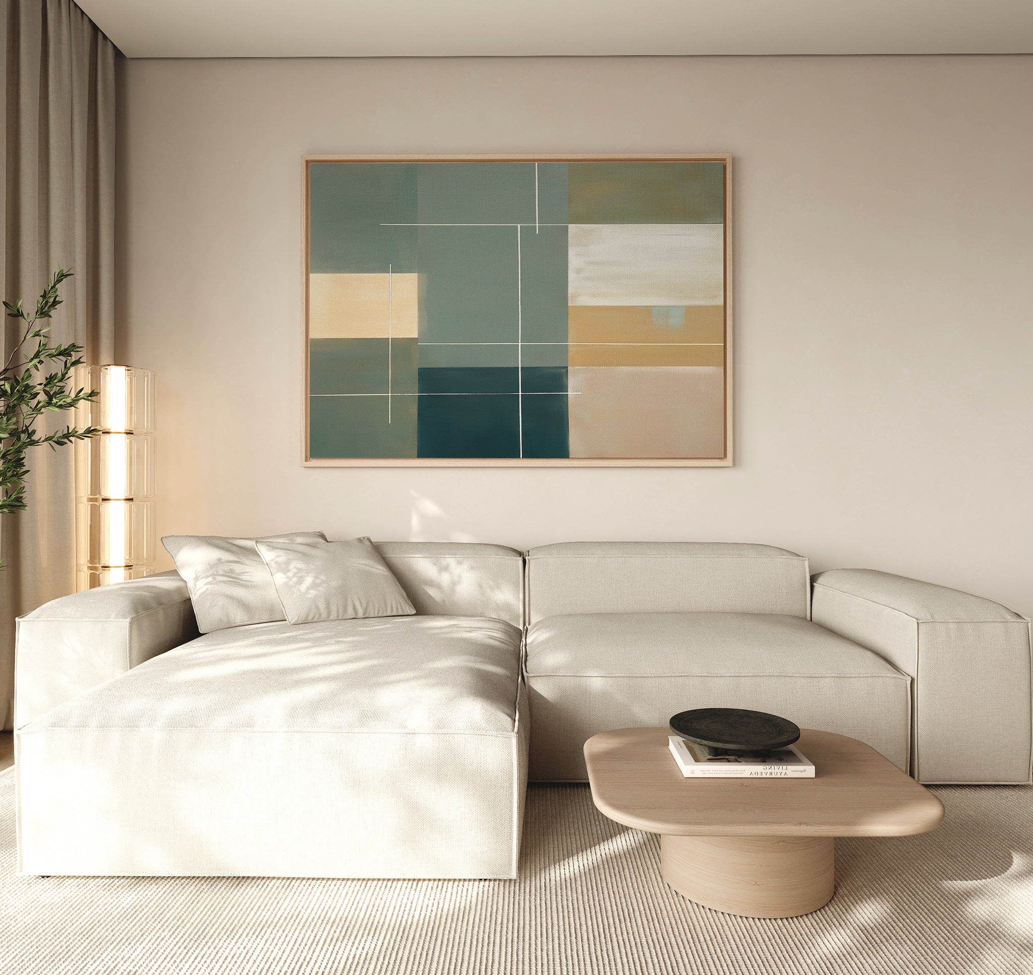 Minimalist living room with a light beige sectional sofa, a low wooden coffee table with books and a bowl, floor-to-ceiling curtains, a tall plant in the corner, and modern Sage Compartments Canvas Art - Horizontal on the wall.