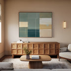 A modern living room with a beige sofa, wooden coffee table, geometric sideboard, wall sconce, small vase with flowers, and the Sage Compartments Canvas Art - Horizontal above—perfect modern living room decor.