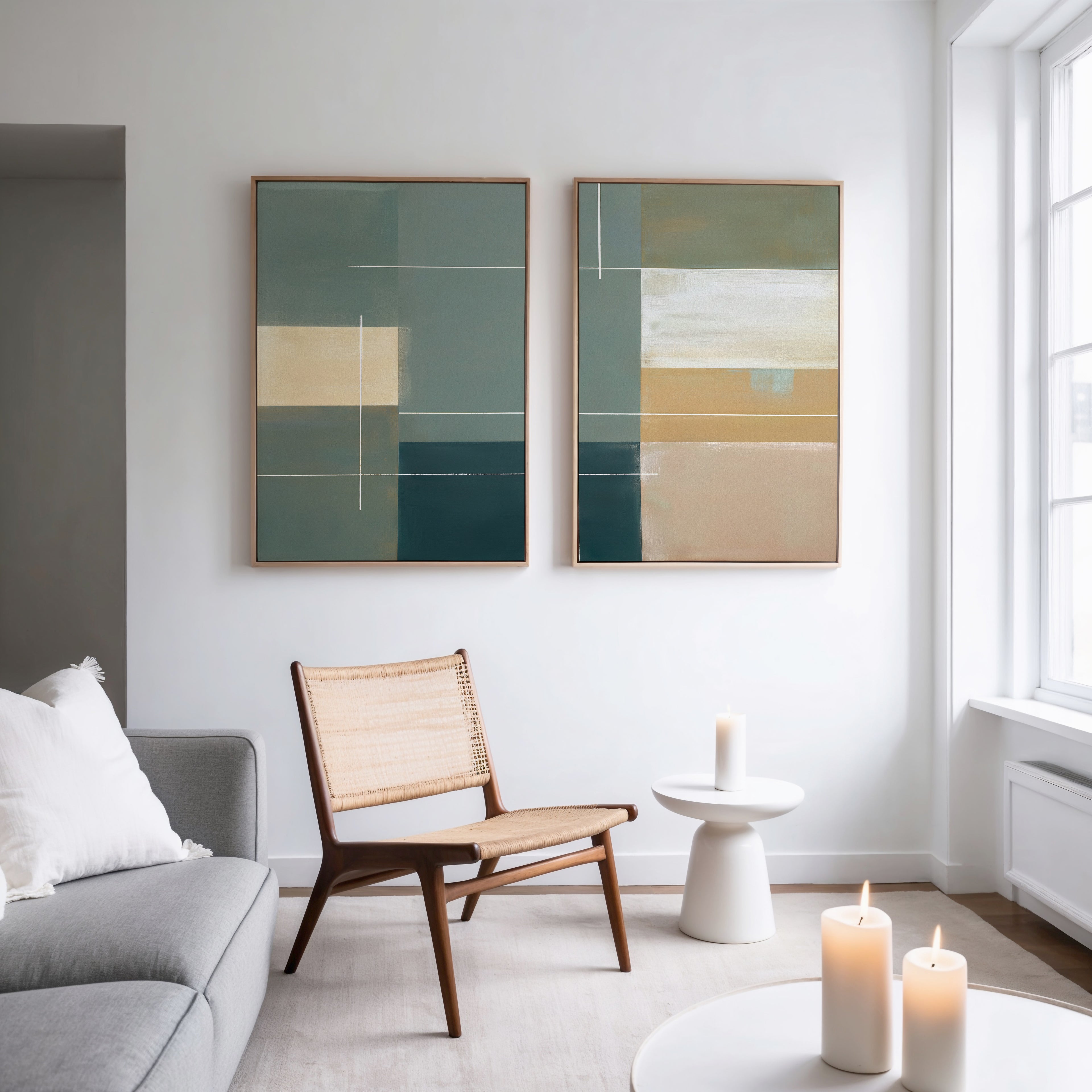A modern living room with a gray sofa, wooden chair, and a small white side table featuring Sage Compartments - Set Of 2 with candles. Two abstract prints hang on the wall, while three lit candles are near a large window.