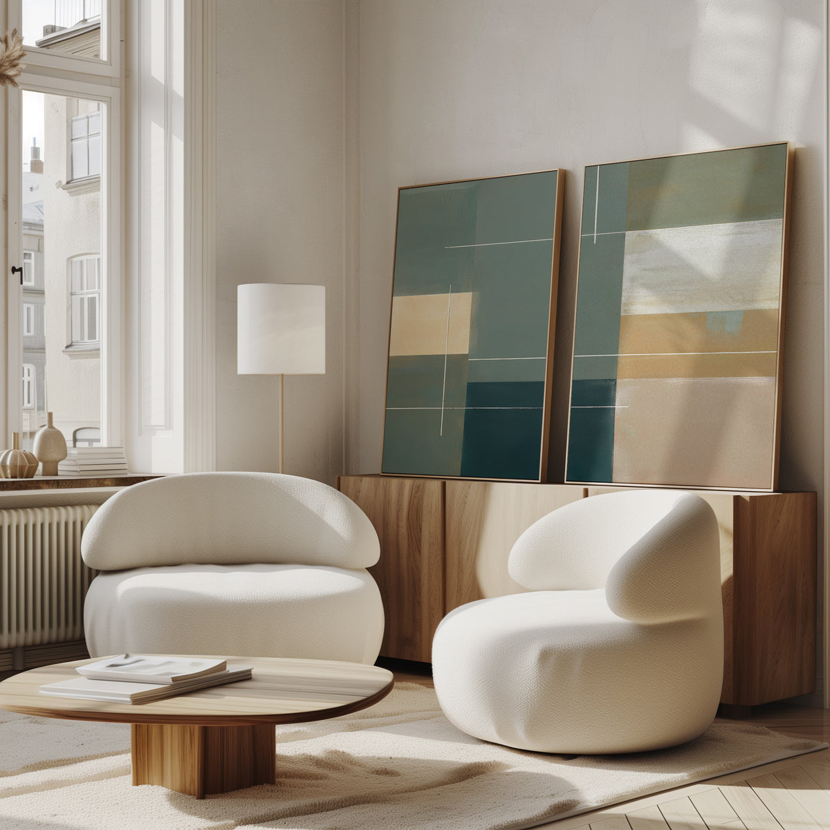 A modern living room features Sage Compartments - Set Of 2 white, curved armchairs, a low wooden coffee table, and abstract print paintings on a sideboard. Large windows fill the space with natural light for a cozy, minimalist vibe.