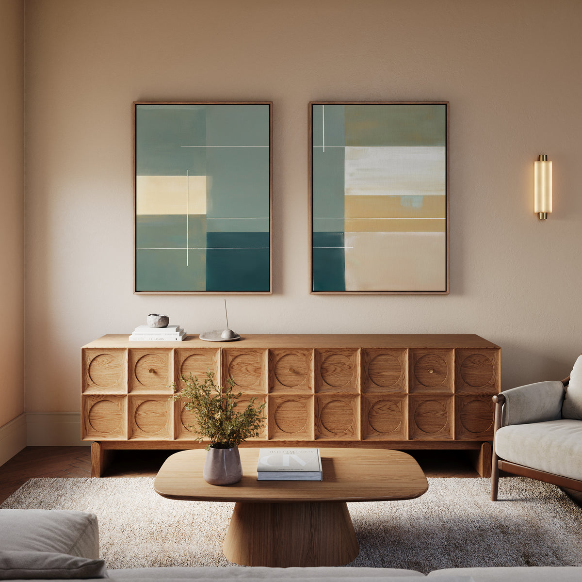 A cozy living room with the Sage Compartments - Set of 2, modern teal and beige wall art, a vase with greenery, a sleek wall sconce, and neutral minimal décor for a calm atmosphere.