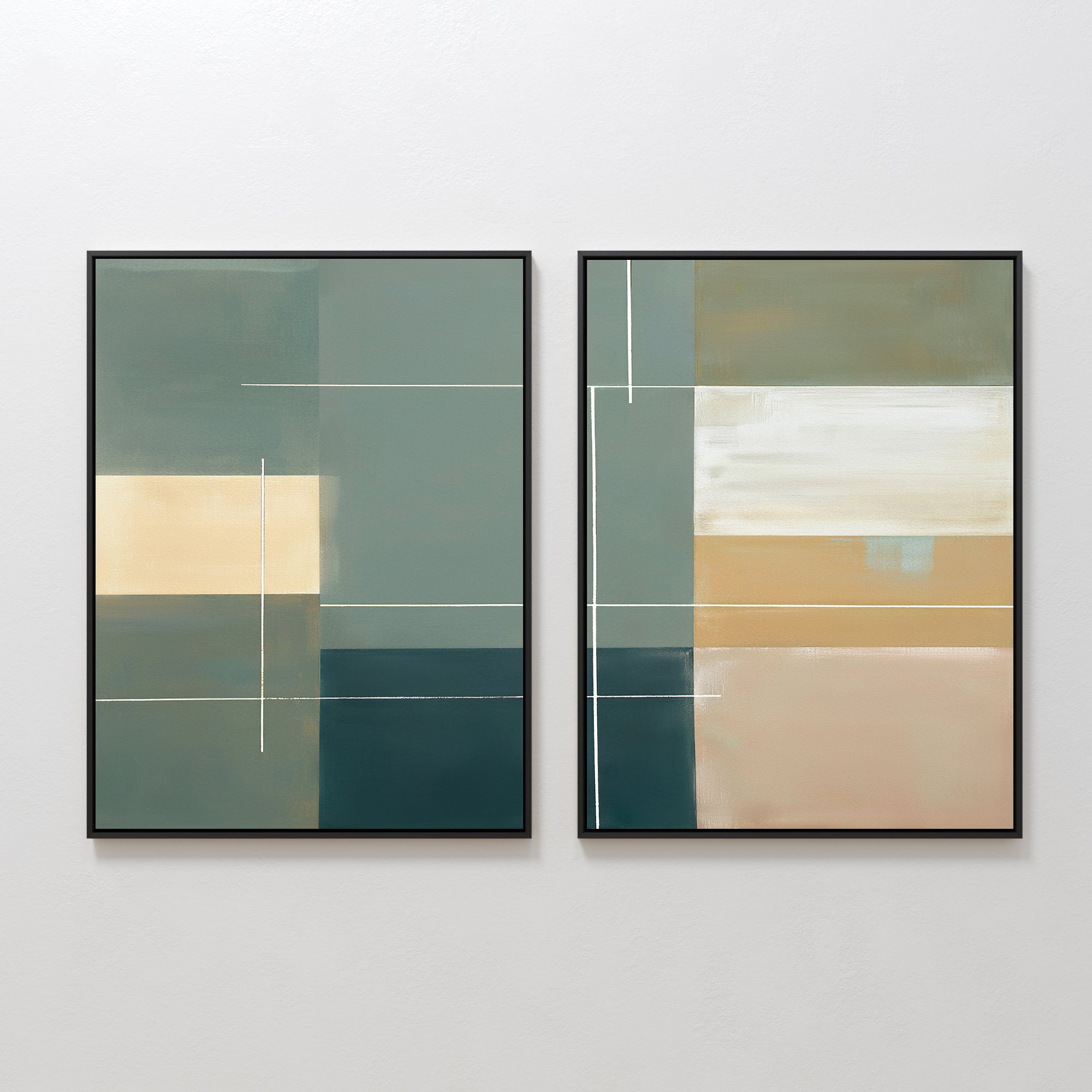 The Sage Compartments - Set Of 2 features framed abstract prints with geometric shapes in green, beige, cream, and blue. Horizontal and vertical white lines add a modern touch—perfect side by side on any plain wall.
