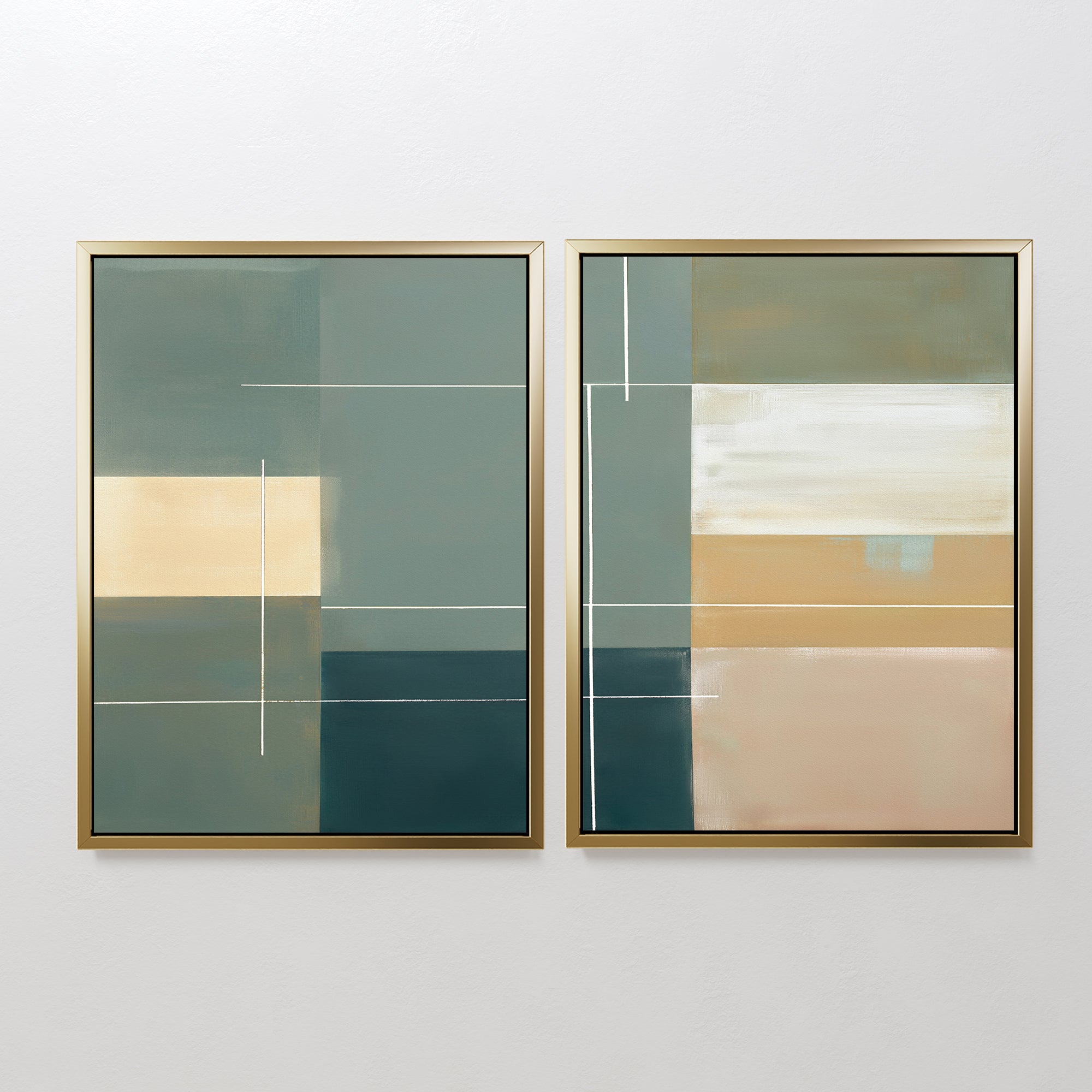 Sage Compartments - Set Of 2 features abstract geometric prints in gold frames, displaying muted green, beige, cream, and blue tones with overlapping rectangles and fine white lines for a modern wall art statement.