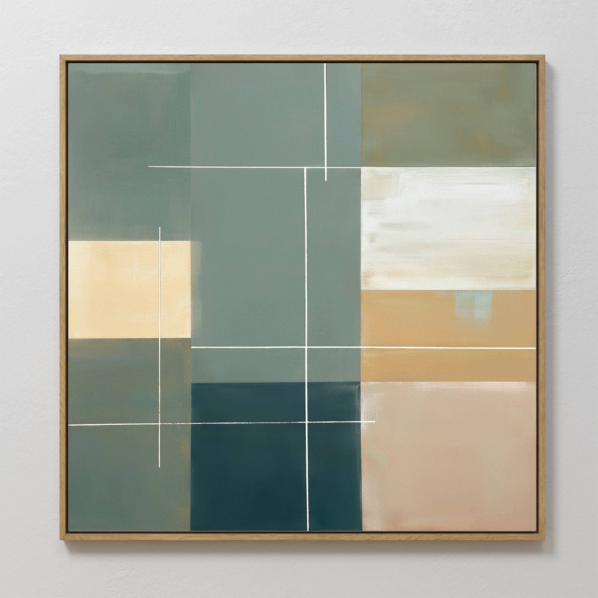 Sage Compartments Canvas Art - Square features overlapping rectangles in muted green, beige, cream, and blue, intersected by thin white lines for a modern geometric look. Framed in a simple wooden frame.