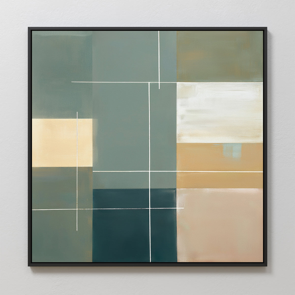The Sage Compartments Canvas Art - Square features intersecting white lines over rectangular blocks in green, teal, beige, and off-white hues. This modern piece is framed in black and shown against a light gray wall.