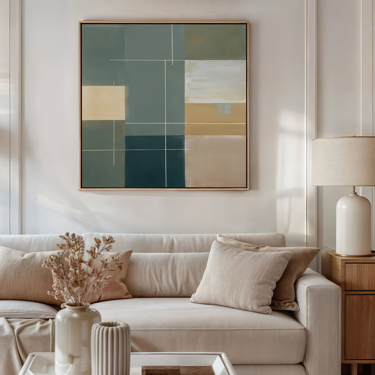 A modern living room features a beige sofa with neutral cushions, a side table with a lamp and vases of dried flowers, and the Sage Compartments Canvas Art - Square in green, beige, and white tones as abstract wall art.