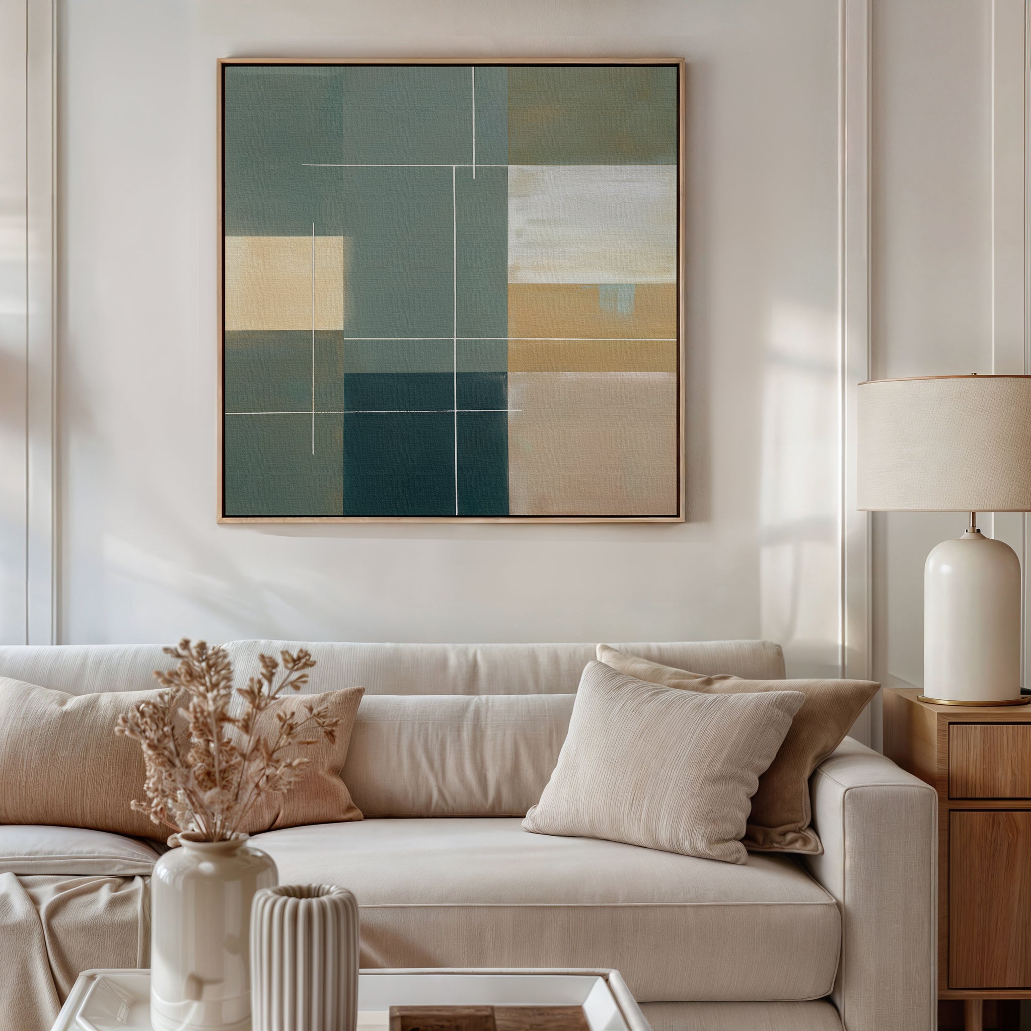 A modern living room features a beige sofa with neutral cushions, a side table with a lamp and vases of dried flowers, and the Sage Compartments Canvas Art - Square in green, beige, and white tones as abstract wall art.