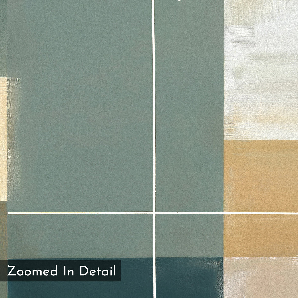 Sage Compartments Canvas Art - Square: Modern abstract painting with intersecting white lines on muted green, beige, and off-white blocks. Features a black rectangle in the lower left corner labeled "Zoomed In Detail.