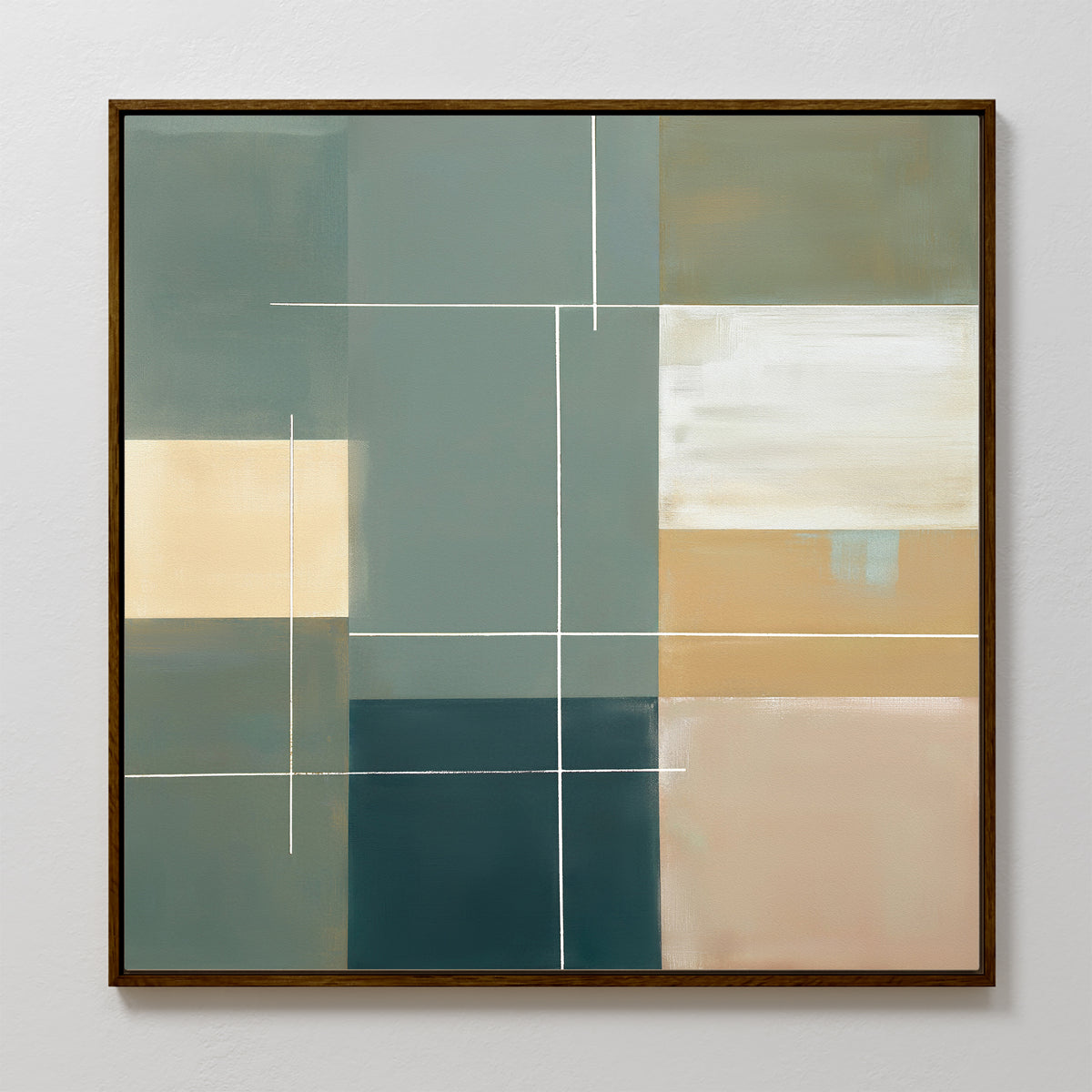 The Sage Compartments Canvas Art - Square features overlapping rectangles in muted green, beige, blue, and white with thin white lines, set in a dark wooden frame—an ideal piece of modern wall art for light-colored spaces.