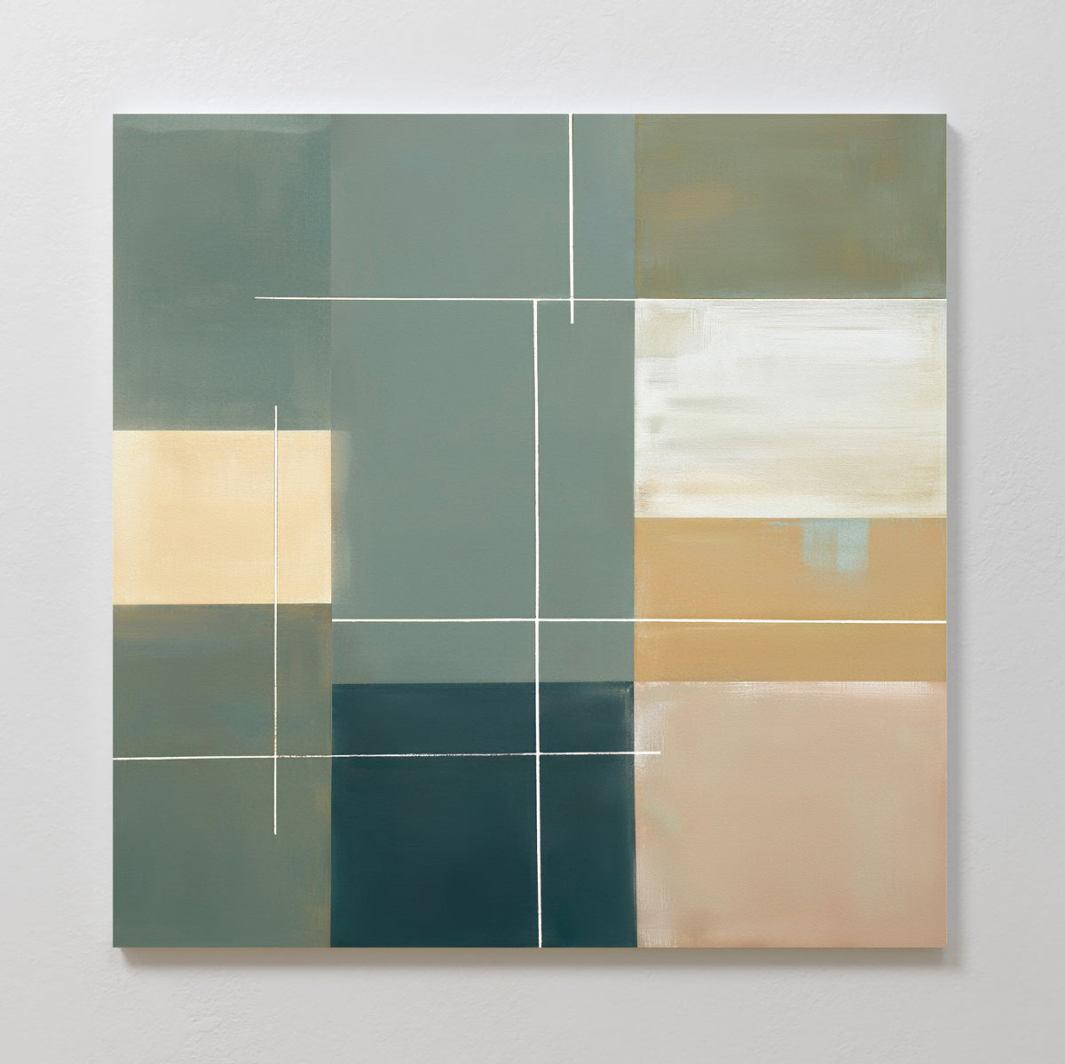 Sage Compartments Canvas Art - Square is a geometric abstract painting with rectangles and squares in muted green, beige, cream, and blue tones, accented by thin white lines—a minimalist piece perfect for modern wall decor.
