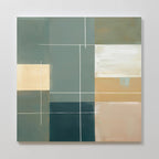 Sage Compartments Canvas Art - Square is a geometric abstract painting with rectangles and squares in muted green, beige, cream, and blue tones, accented by thin white lines—a minimalist piece perfect for modern wall decor.