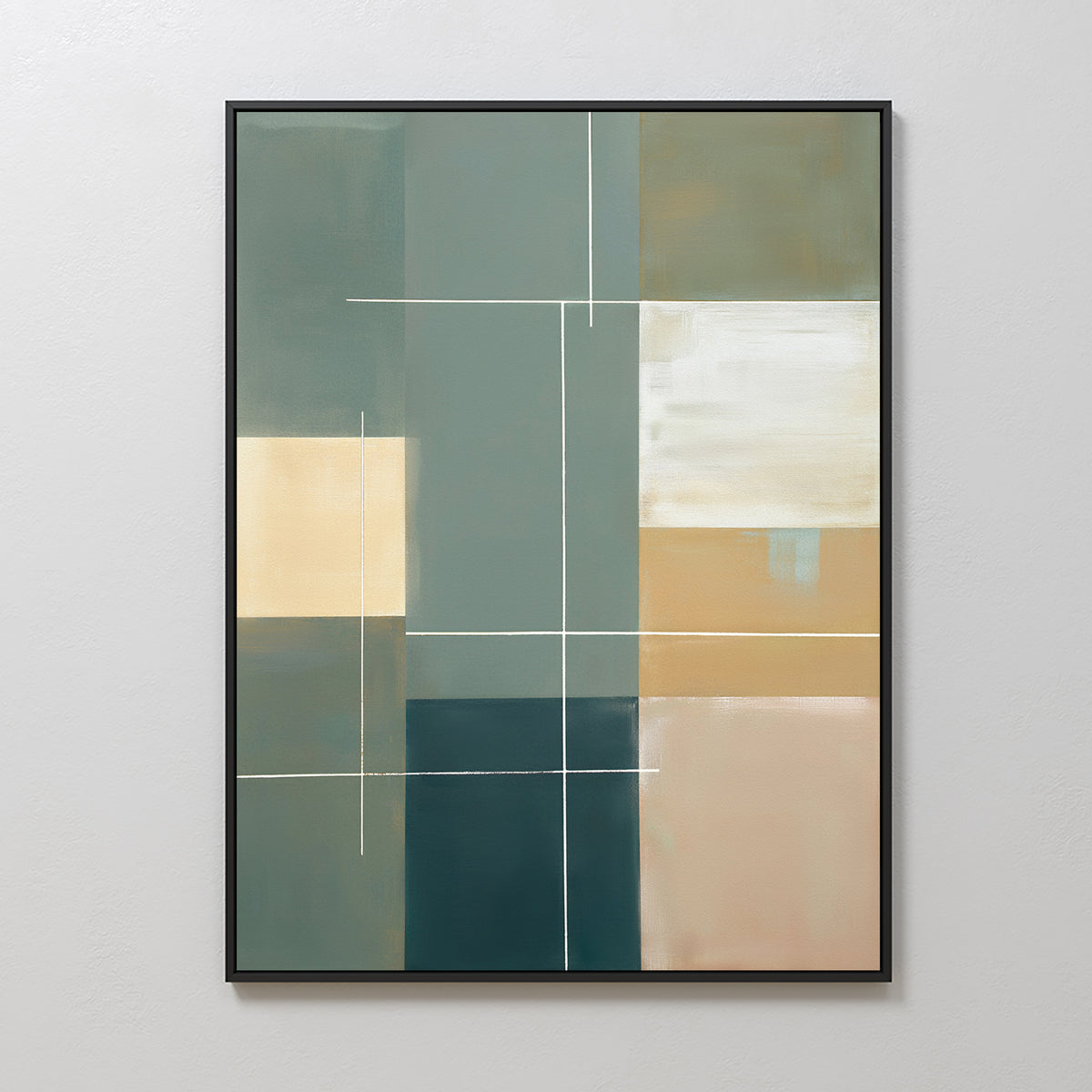 The Sage Compartments Canvas Art - Vertical showcases overlapping rectangles in muted green, beige, cream, gold, and peach with intersecting white lines; this modern wall art is framed in black and displayed on a light gray wall.