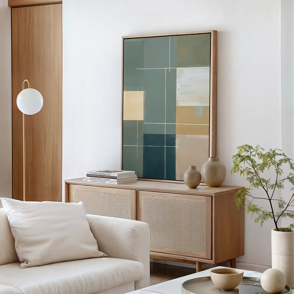 A modern living room with a light wood cabinet, Sage Compartments Canvas Art - Vertical on the wall, neutral vases, a stack of books, a potted plant, and a cream sofa with a white pillow against white walls.