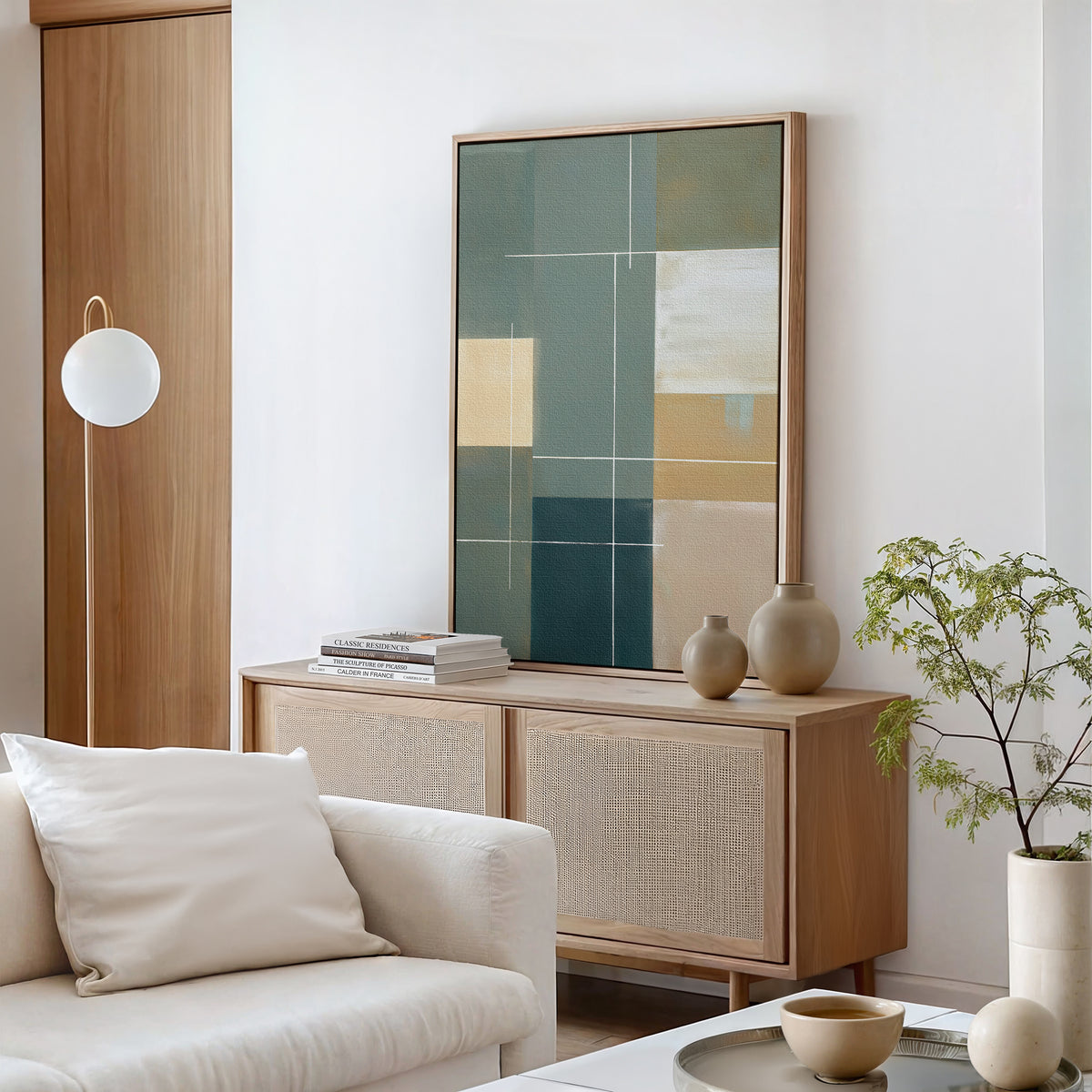 A modern living room with a light wood cabinet, Sage Compartments Canvas Art - Vertical on the wall, neutral vases, a stack of books, a potted plant, and a cream sofa with a white pillow against white walls.