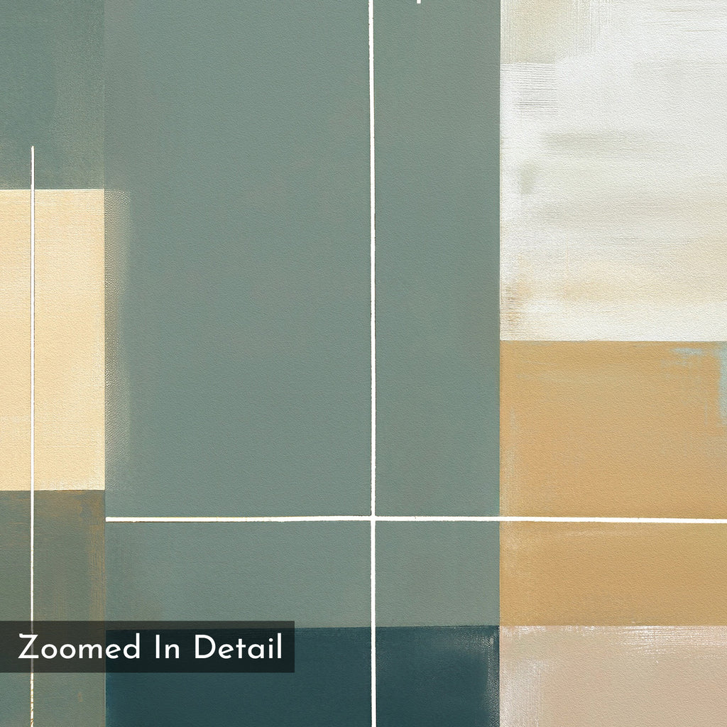A close-up of the Sage Compartments Canvas Art - Vertical shows intersecting white lines over muted green, beige, and cream blocks—ideal as an abstract print or for sage green wall art décor.