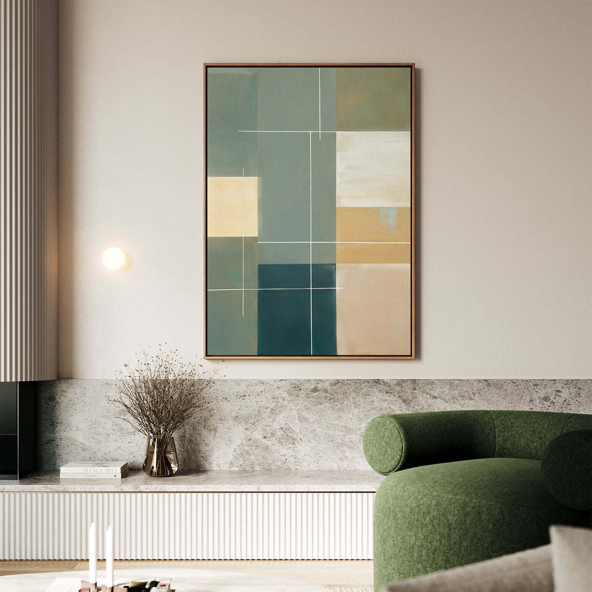 Minimalist living room featuring the Sage Compartments Canvas Art - Vertical in green, beige, and yellow tones above a marble shelf, with a round green sofa, dried flowers in a vase, and a compact wall light.