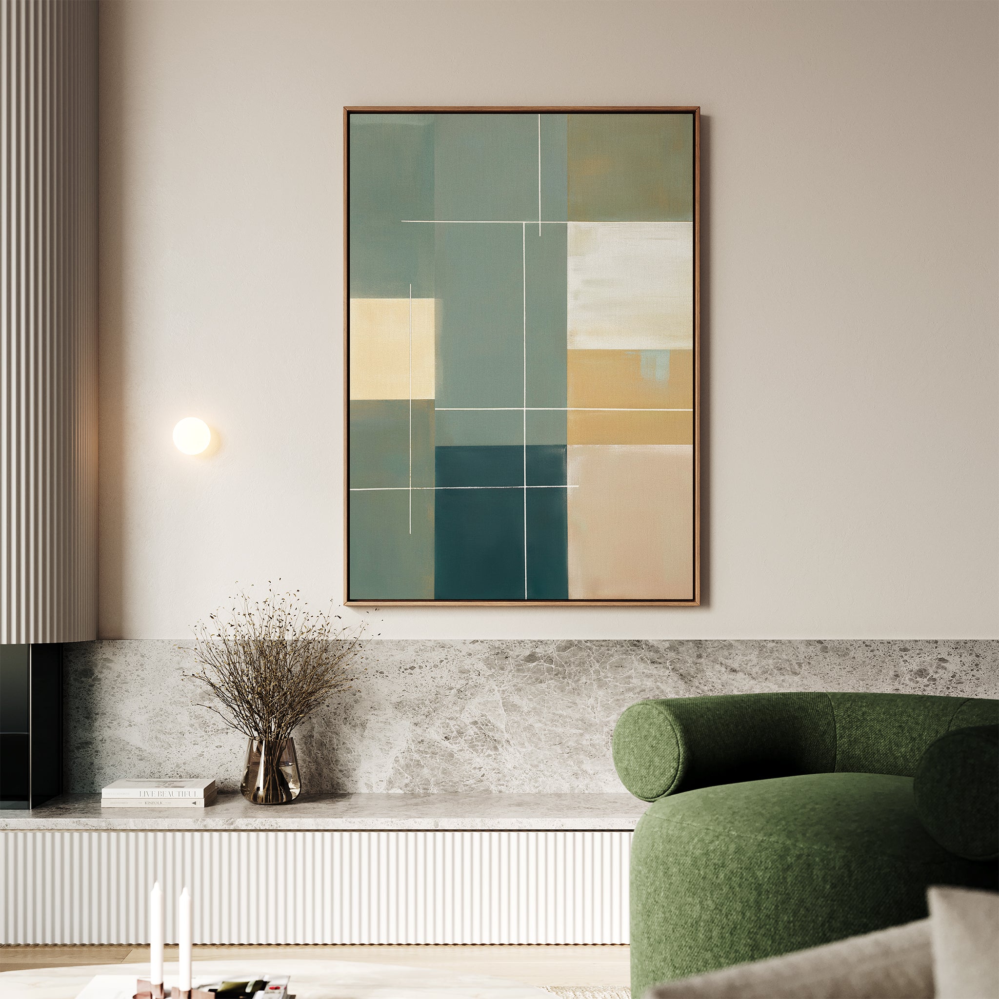 Minimalist living room featuring the Sage Compartments Canvas Art - Vertical in green, beige, and yellow tones above a marble shelf, with a round green sofa, dried flowers in a vase, and a compact wall light.