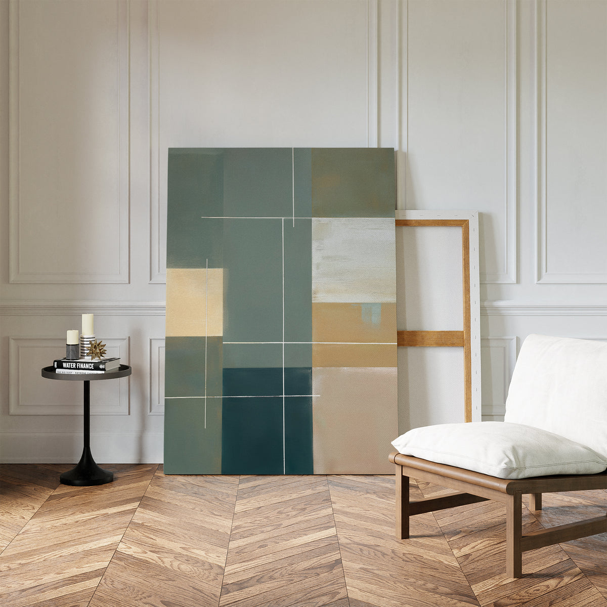 A modern living space with herringbone wood floors, a white cushioned chair, a small black round table with candles, and the Sage Compartments Canvas Art - Vertical resting against a white paneled wall.