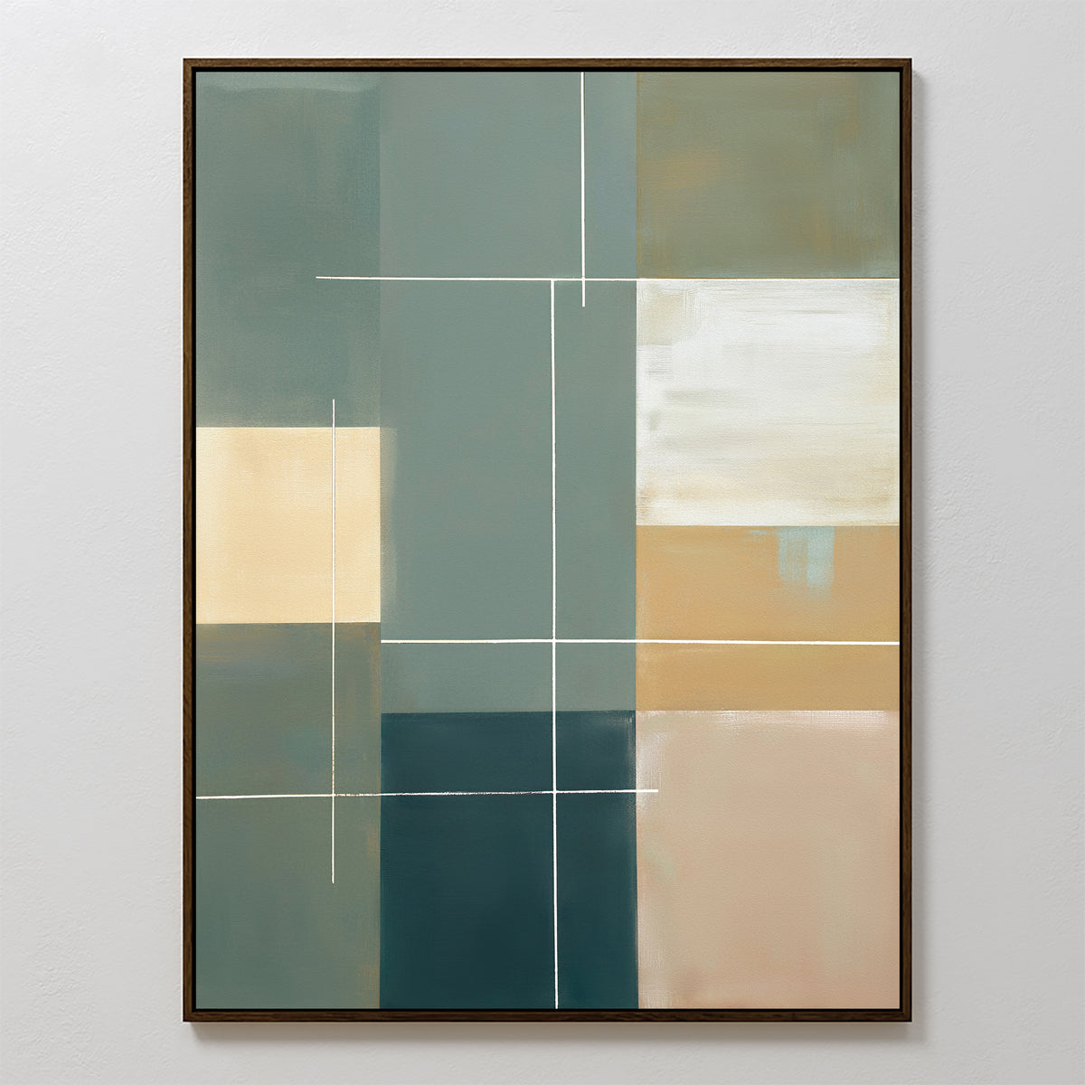 Sage Compartments Canvas Art - Vertical features overlapping rectangles in muted green, beige, blue, and white with thin white lines, framed with a slim dark border—an eye-catching sage green wall art for modern spaces.