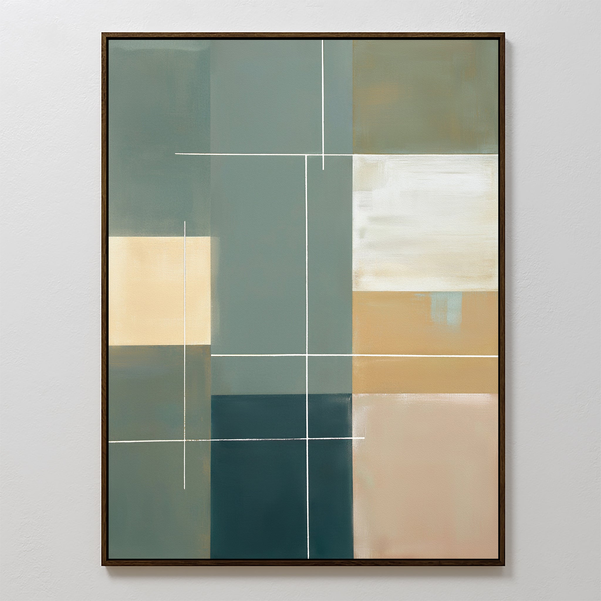 Sage Compartments Canvas Art - Vertical features overlapping rectangles in muted green, beige, blue, and white with thin white lines, framed with a slim dark border—an eye-catching sage green wall art for modern spaces.