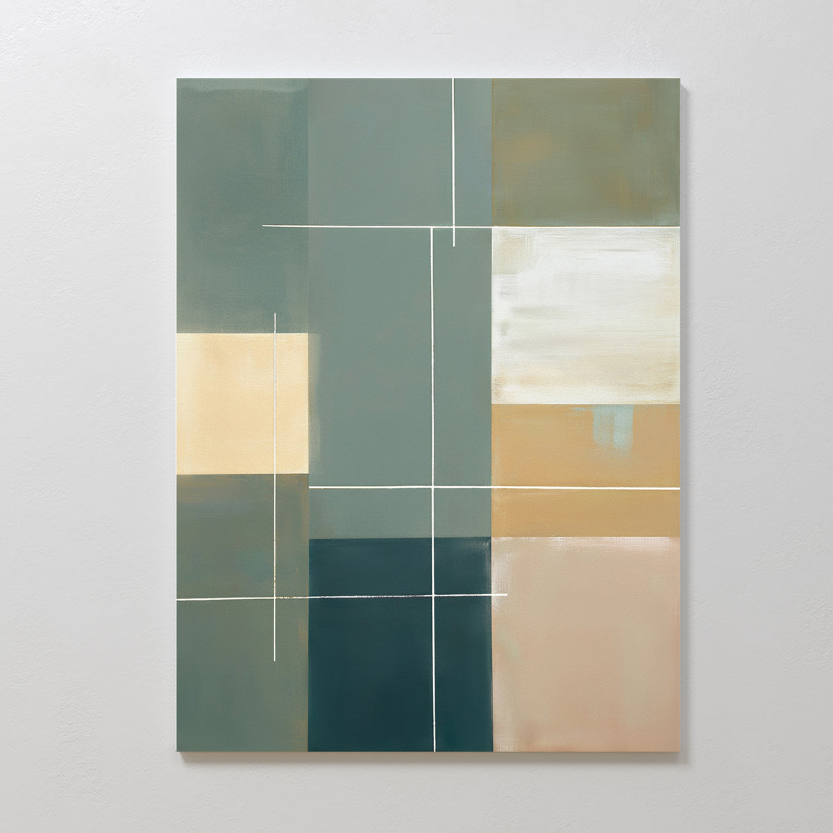 Sage Compartments Canvas Art - Vertical features overlapping rectangles in muted green, beige, and tan intersected by thin white lines for a modern geometric look—ideal as sage green wall art for contemporary spaces.