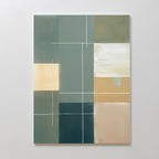 Sage Compartments Canvas Art - Vertical features overlapping rectangles in muted green, beige, and tan intersected by thin white lines for a modern geometric look—ideal as sage green wall art for contemporary spaces.