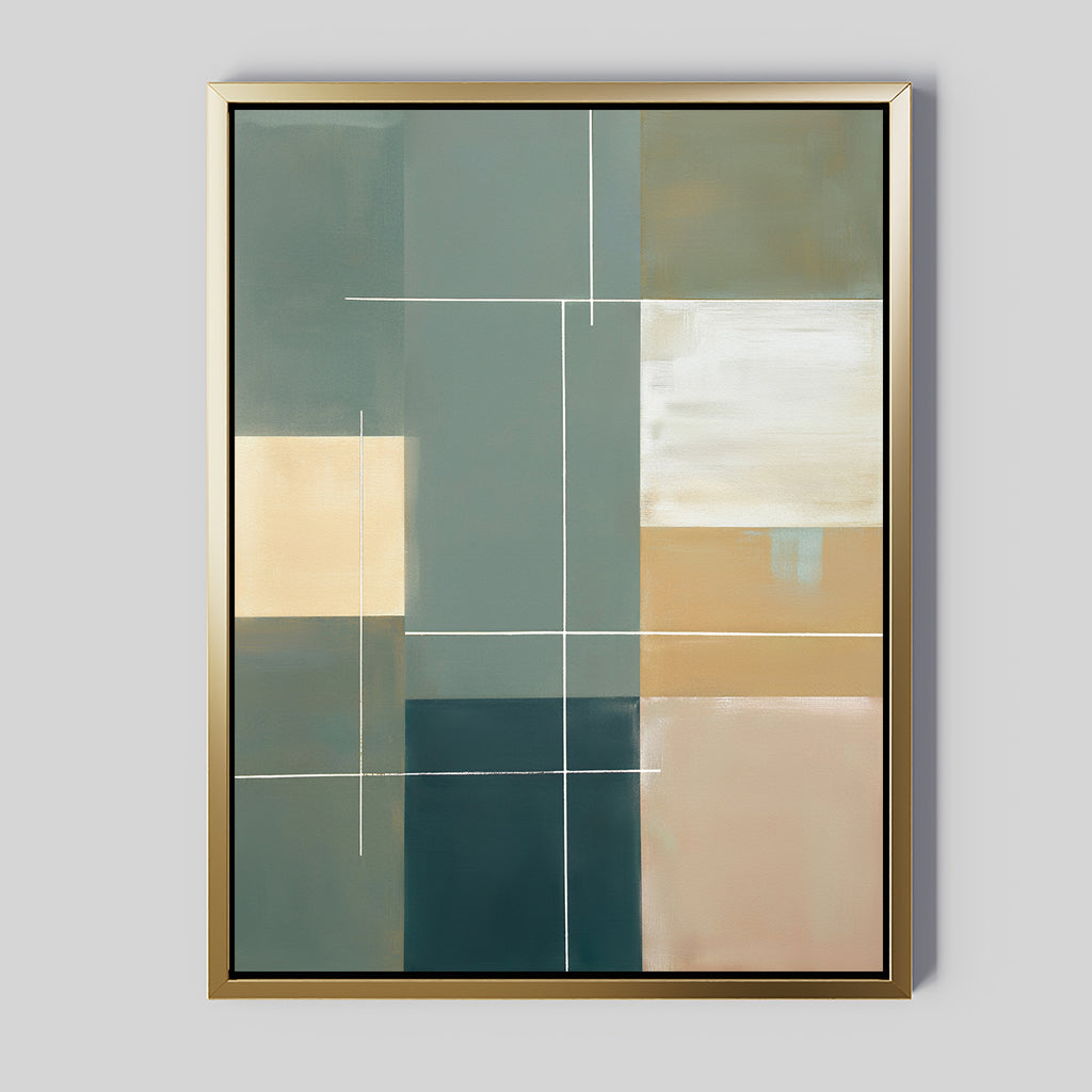 The Sage Compartments Canvas Art - Vertical features geometric blocks in muted green, beige, white, and dark blue with thin white lines on a light gray background—an ideal modern wall art piece for any space.