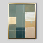 The Sage Compartments Canvas Art - Vertical features geometric blocks in muted green, beige, white, and dark blue with thin white lines on a light gray background—an ideal modern wall art piece for any space.