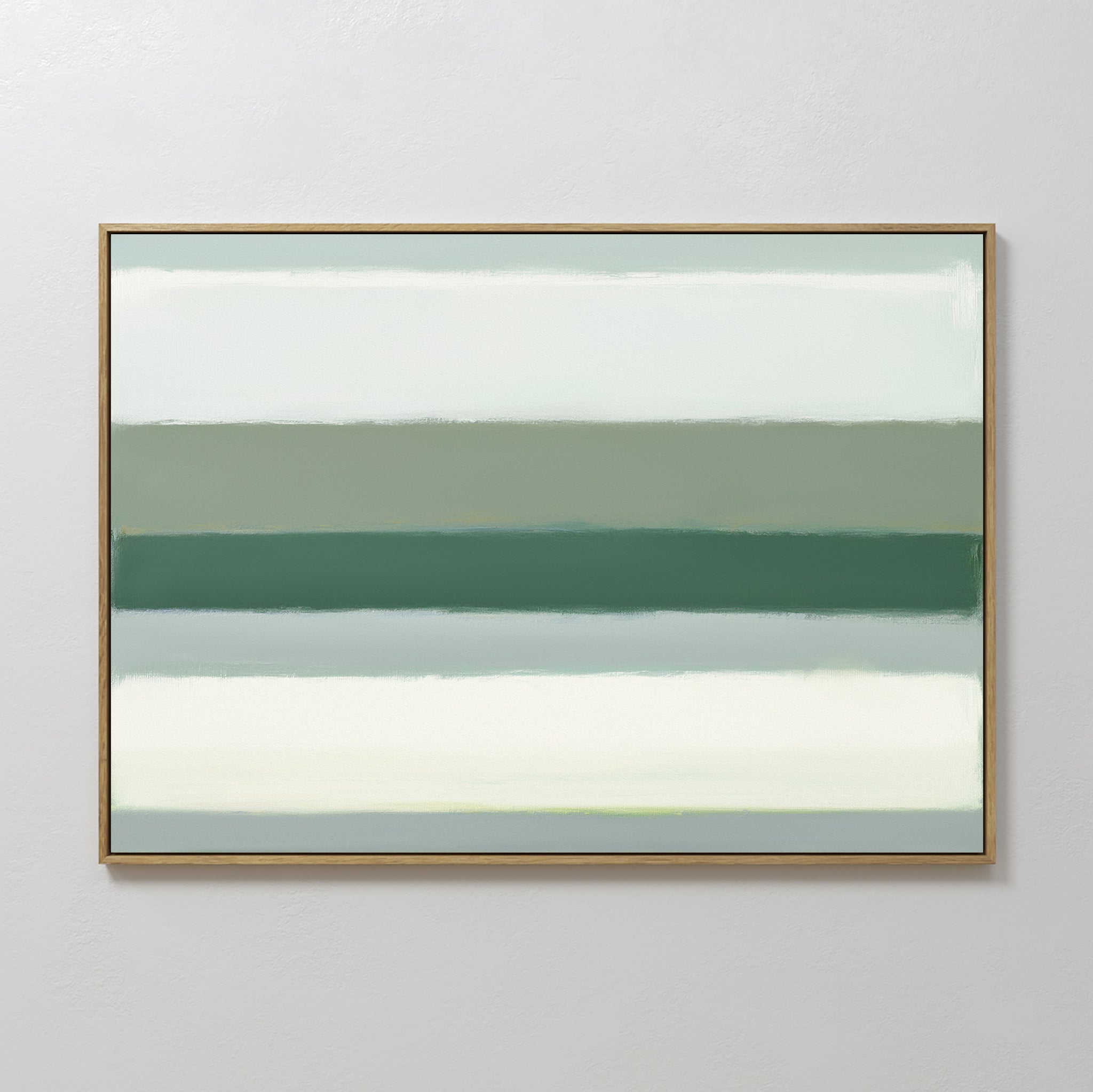 The Sage Gradient Canvas Art - Horizontal features soft green, teal, and white bands blended in a soothing sage gradient, displayed on a plain light-colored wall.