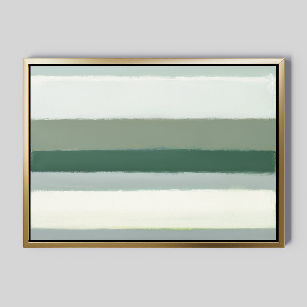 The Sage Gradient Canvas Art - Horizontal showcases an abstract design with horizontal bands in green, white, and gray on a light gray background, creating a calm, minimalist look inspired by Nordic Park style.