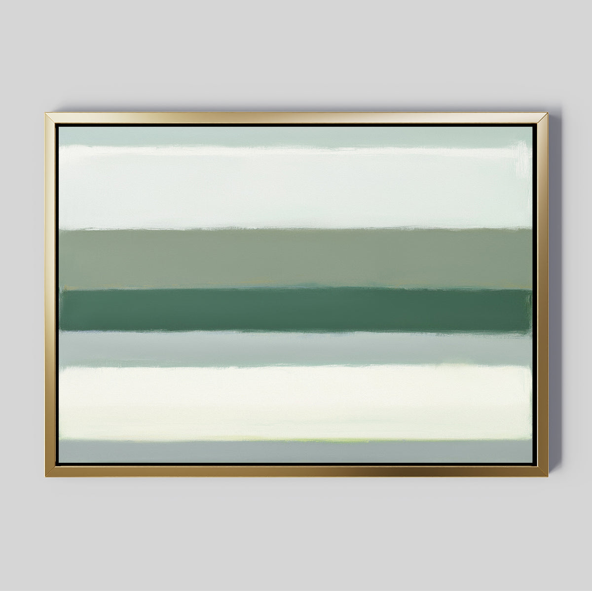 The Sage Gradient Canvas Art - Horizontal showcases an abstract design with horizontal bands in green, white, and gray on a light gray background, creating a calm, minimalist look inspired by Nordic Park style.