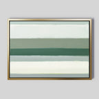 The Sage Gradient Canvas Art - Horizontal showcases an abstract design with horizontal bands in green, white, and gray on a light gray background, creating a calm, minimalist look inspired by Nordic Park style.