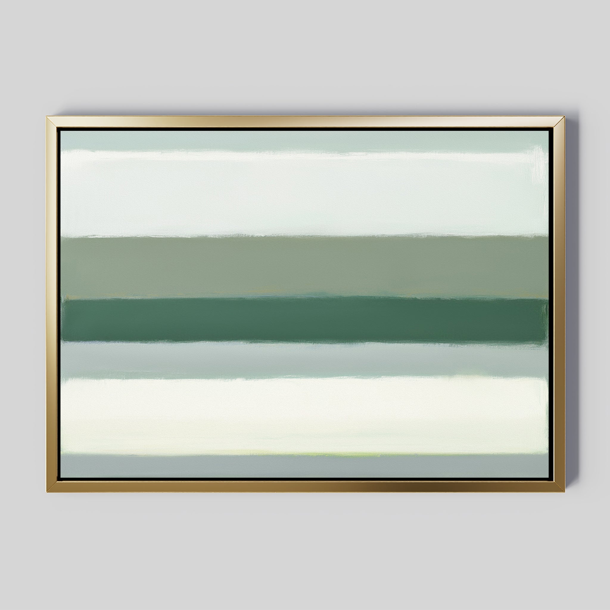 The Sage Gradient Canvas Art - Horizontal showcases an abstract design with horizontal bands in green, white, and gray on a light gray background, creating a calm, minimalist look inspired by Nordic Park style.